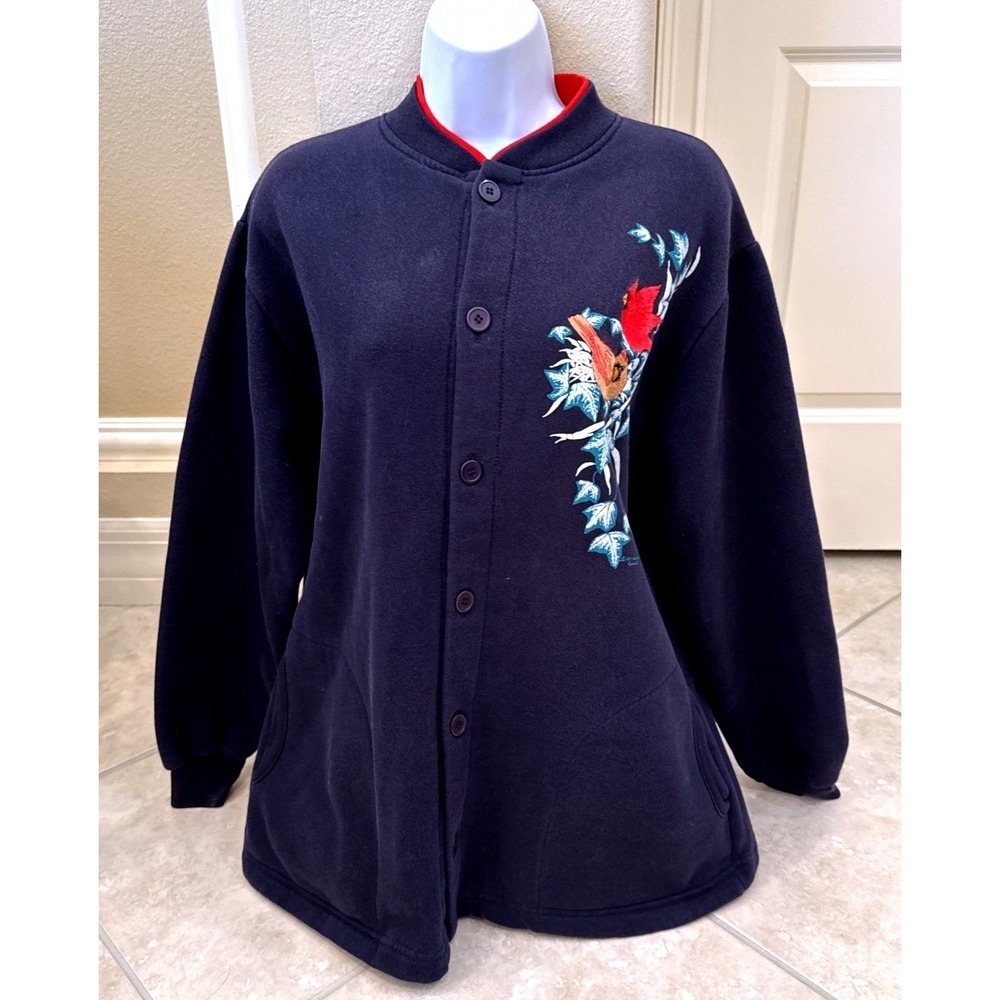 Vintage Art Unlimited Cardinal Bird Navy Blue Button Front Sweatshirt XL